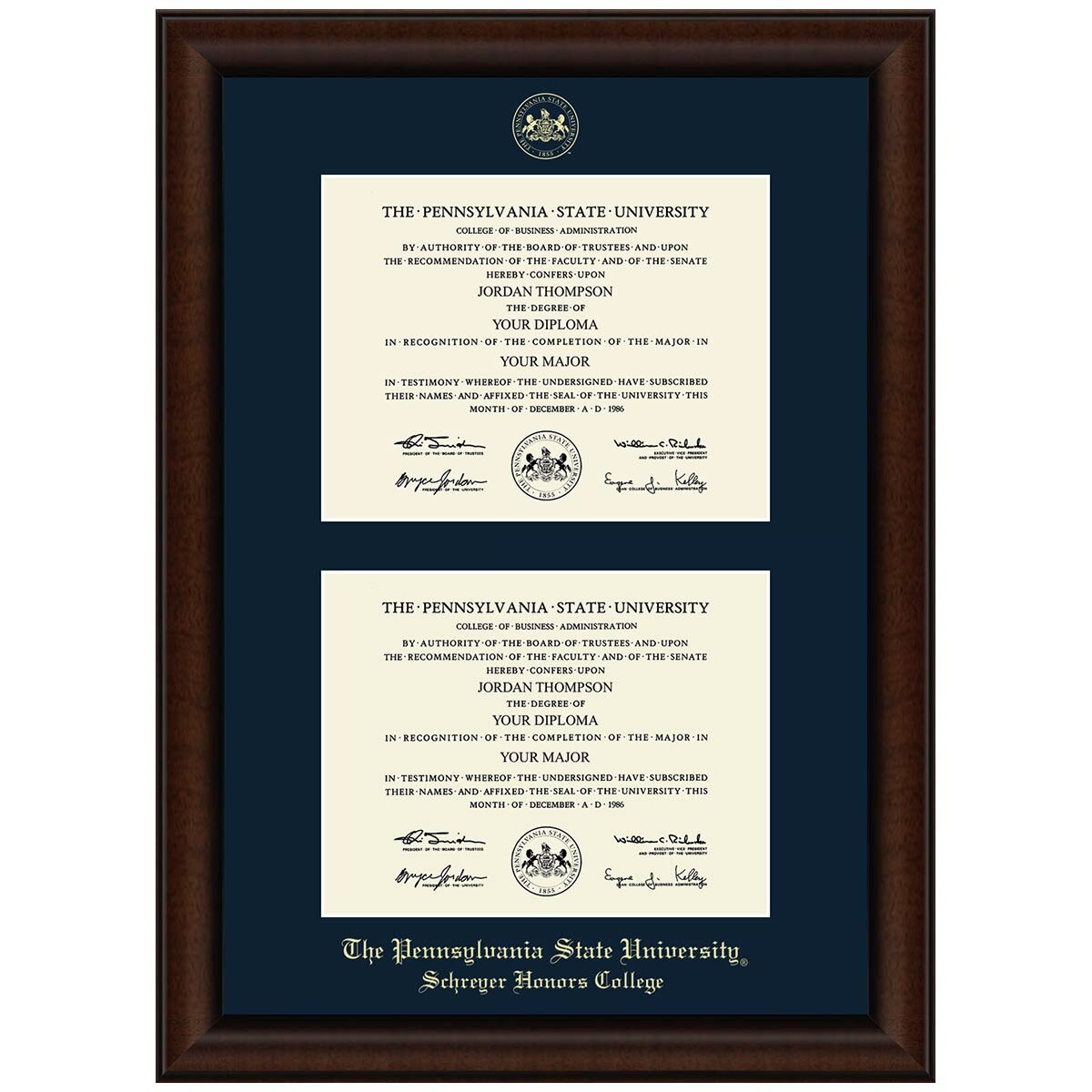 #106 Penn State Schreyer Honors College double diploma frame Lenox (Walnut)